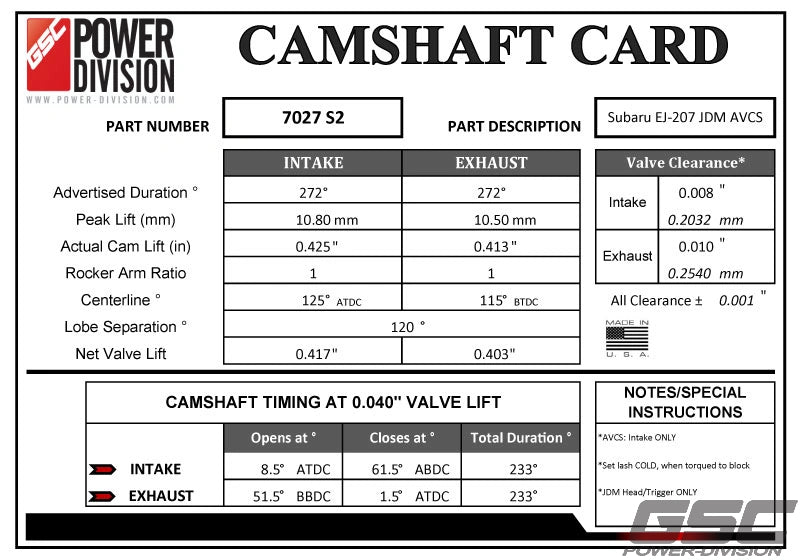 GSC Power Division S2 Billet Performance Camshaft Kit STi V7 - V9 Non DBW