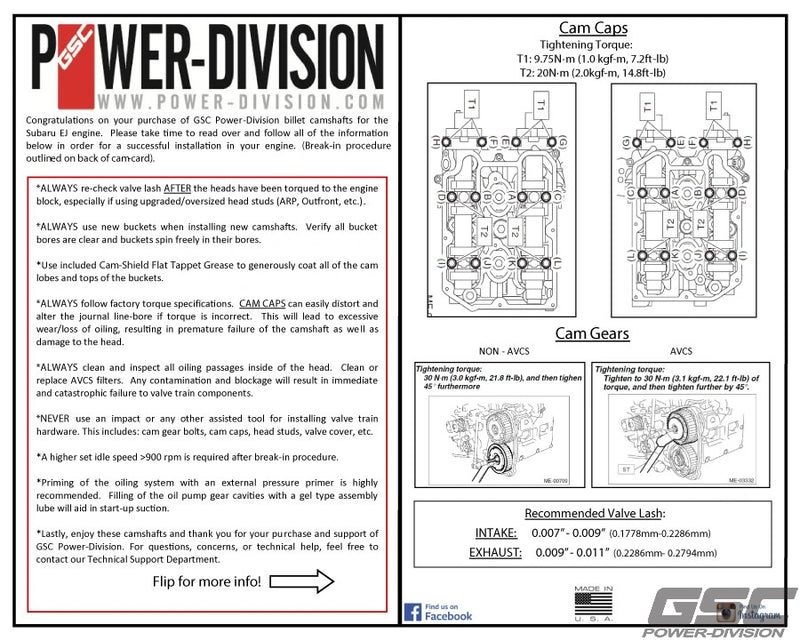 GSC Power Division S1 Billet Performance Camshaft Kit STi V7 - V9 Non DBW