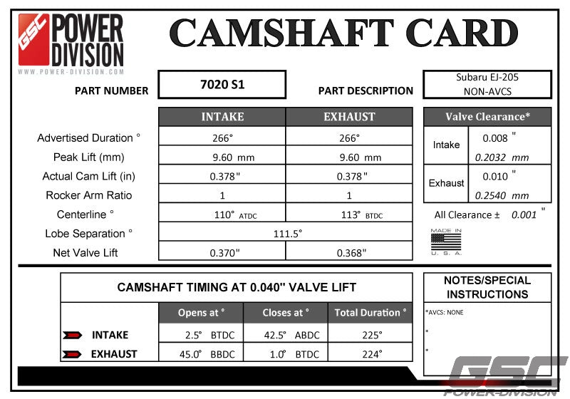 GSC Power Division S1 Billet Performance Camshaft Kit EJ20/205 Non VVT 1999+