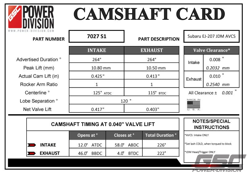 GSC Power Division S1 Billet Performance Camshaft Kit STi V7 - V9 Non DBW