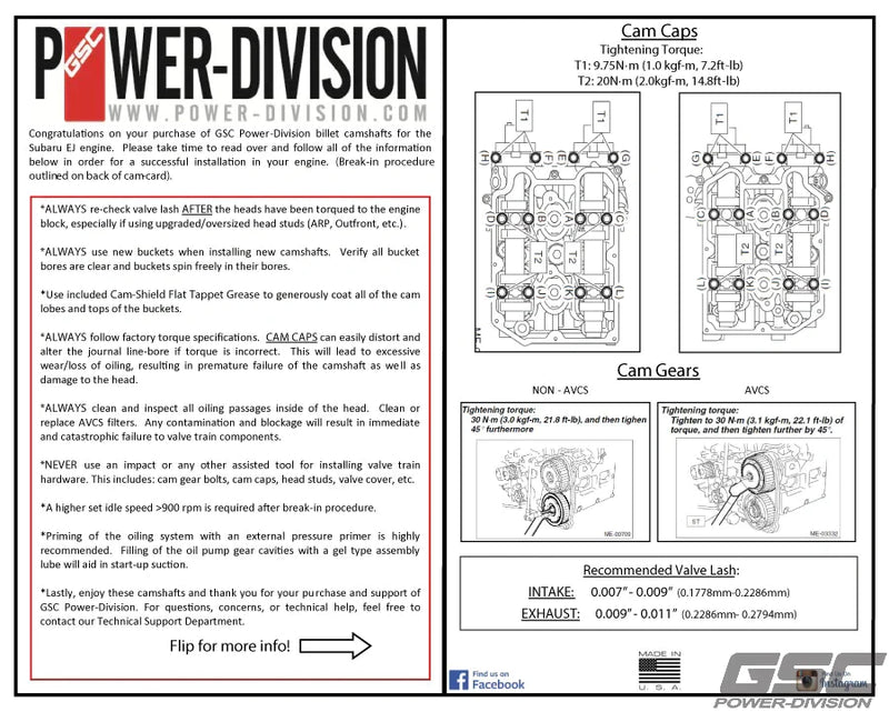 GSC Power Division S3 Billet Performance Camshaft Kit STi V7 - V9 Non DBW